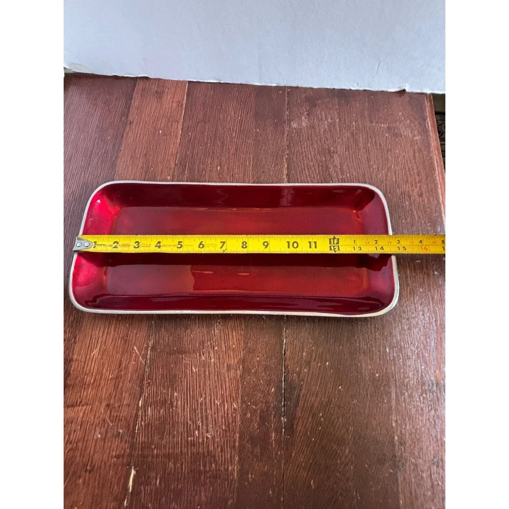 Red Enamel Metal Serving Tray Rectangular Silver Trim Holiday Decor‎ 14.5 Inch